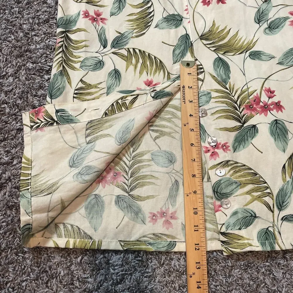 Vintage Midi Skirt Size Small Cream Yellow Floral Print Tropical Boho Linen 90s